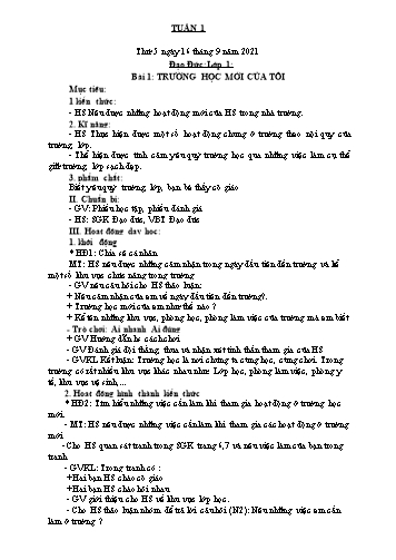 Giáo án Đạo đức Lớp 1 - Tuần 1. Bài 1: Trường học mới của tôi - Năm học 2021-2022