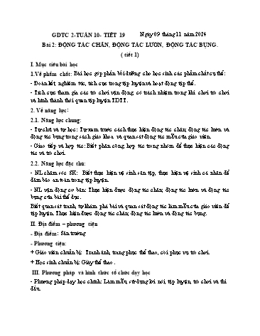 Giáo án GDTC Lớp 2 (Kết nối tri thức) - Tuần 10. Chủ đề 2: Bài tập thể dục - Bài 2: Động tác chân, động tác lườn, động tác bụng - Năm học 2024-2025 - Đặng Duy Thành