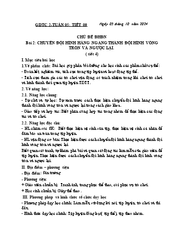 Giáo án GDTC Lớp 2 (Kết nối tri thức) - Tuần 5. Chủ đề 1: Đội hình đội ngũ - Bài 2: Chuyển đội hình hàng ngang thành đội hình vòng tròn và ngược lại - Năm học 2024-2025 - Đặng Duy Thành