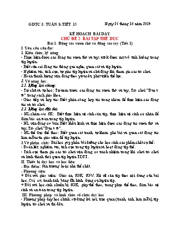 Giáo án GDTC Lớp 3 (Kết nối tri thức) - Tuần 8. Chủ đề 2: Bài tập thể dục - Bài 1: Động tác vươn thở và động tác tay - Năm học 2024-2025 - Đặng Duy Thành
