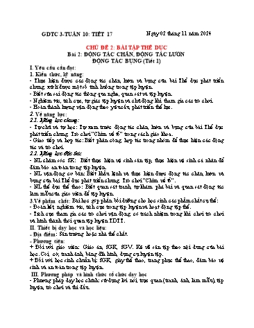 Giáo án GDTC Lớp 3 (Kết nối tri thức) - Tuần 9. Chủ đề 2: Bài tập thể dục - Bài 2: Động tác chân, động tác lườn, động tác bụng - Năm học 2024-2025 - Đặng Duy Thành