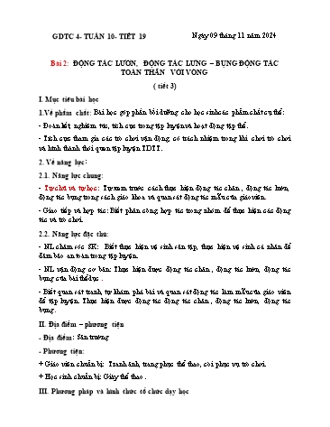 Giáo án GDTC Lớp 4 (Kết nối tri thức) - Tuần 10. Chủ đề 2: Bài tập thể dục - Bài 2: Động tác lườn, động tác lưng bụng, động tác toàn thân với vòng - Năm học 2024-2025 - Đặng Duy Thành