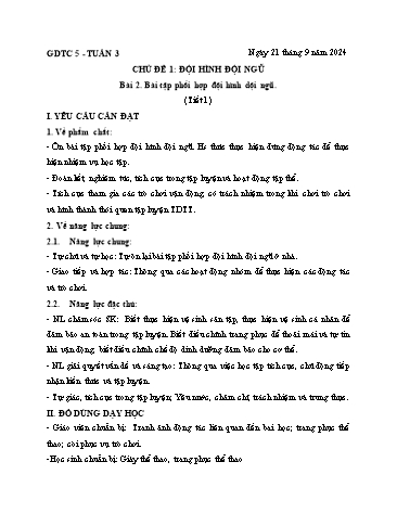 Giáo án GDTC Lớp 5 (Kết nối tri thức) - Tuần 3. Chủ đề 1: Đội hình đội ngũ - Bài 2: Bài tập phối hợp biến đổi đội hình - Năm học 2024-2025 - Đặng Duy Thành