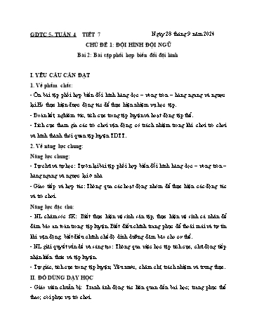 Giáo án GDTC Lớp 5 (Kết nối tri thức) - Tuần 4. Chủ đề 1: Đội hình đội ngũ - Bài 2: Bài tập phối hợp biến đổi đội hình - Năm học 2024-2025 - Đặng Duy Thành