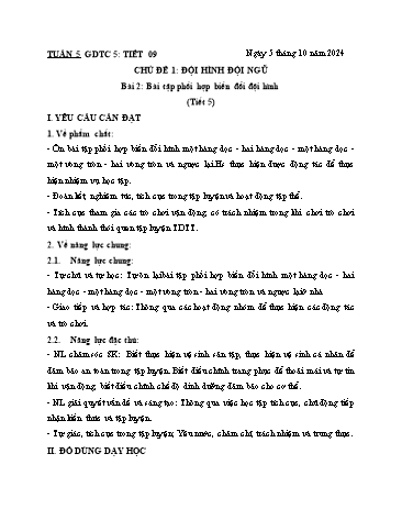 Giáo án GDTC Lớp 5 (Kết nối tri thức) - Tuần 5. Chủ đề 1: Đội hình đội ngũ - Bài 2: Bài tập phối hợp biến đổi đội hình - Năm học 2024-2025 - Đặng Duy Thành