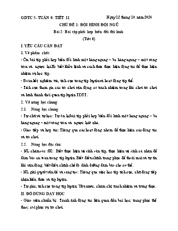 Giáo án GDTC Lớp 5 (Kết nối tri thức) - Tuần 6. Chủ đề 1: Đội hình đội ngũ - Bài 2 + Bài 3 - Năm học 2024-2025 - Đặng Duy Thành