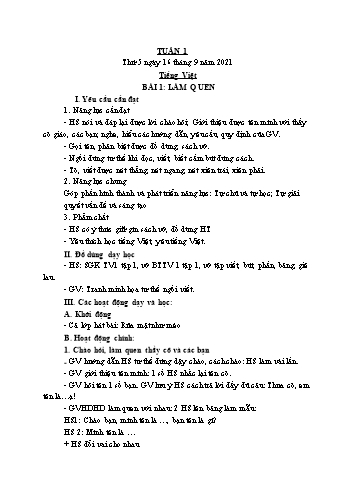 Kế hoạch bài dạy các môn Lớp 1 - Tuần 1 - Năm học 2021-2022 - Trần Thị Tú Uyên