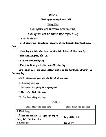 Kế hoạch bài dạy các môn Lớp 1 - Tuần 1 - Năm học 2023-2024 - Nguyễn Thị Thu Hà