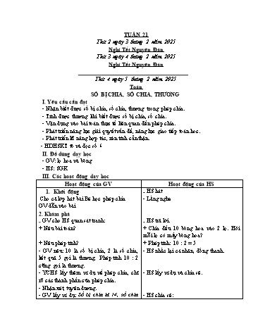Kế hoạch bài dạy các môn Lớp 2 - Tuần 21 - Năm học 2024-2025 - Cao Thị Kim Nga