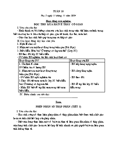 Kế hoạch bài dạy các môn Lớp 5 - Tuần 10 - Năm học 2024-2025 - Trương Thị Thơm