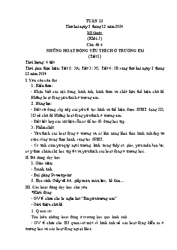Kế hoạch bài dạy Mĩ thuật & Công nghệ Khối Tiểu học - Tuần 13 - Năm học 2024-2025 - Đặng Hoài Thương