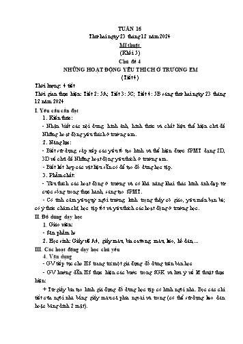 Kế hoạch bài dạy Mĩ thuật & Công nghệ Khối Tiểu học - Tuần 16 - Năm học 2024-2025 - Đặng Hoài Thương
