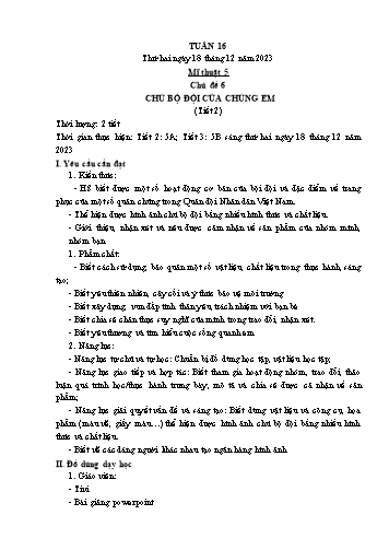 Kế hoạch bài dạy Mĩ thuật & Công nghệ Khối Tiểu học - Tuần 16 - Năm học 2023-2024 - Đặng Hoài Thương