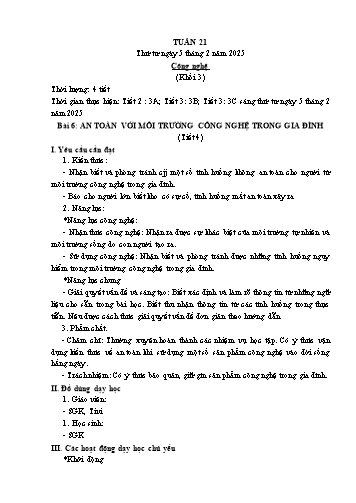 Kế hoạch bài dạy Mĩ thuật & Công nghệ Khối Tiểu học - Tuần 21 - Năm học 2024-2025 - Đặng Hoài Thương