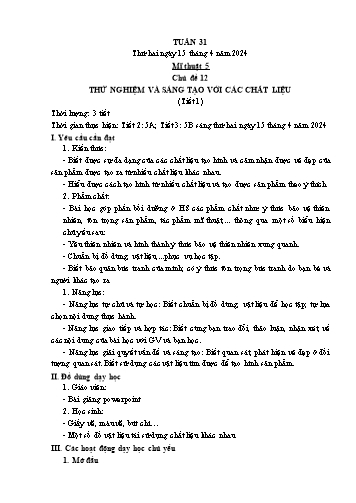 Kế hoạch bài dạy Mĩ thuật & Công nghệ Khối Tiểu học - Tuần 31 - Năm học 2023-2024 - Đặng Hoài Thương