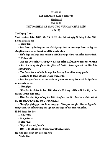 Kế hoạch bài dạy Mĩ thuật & Công nghệ Khối Tiểu học - Tuần 32 - Năm học 2023-2024 - Đặng Hoài Thương