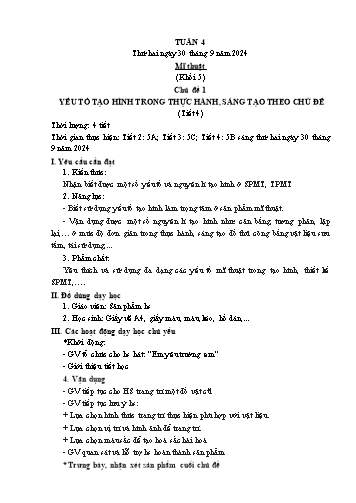 Kế hoạch bài dạy Mĩ thuật & Công nghệ Khối Tiểu học - Tuần 4 - Năm học 2024-2025 - Đặng Hoài Thương