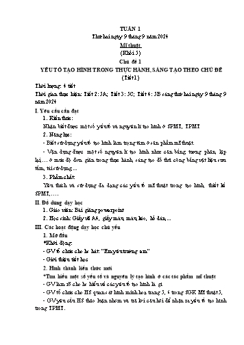 Kế hoạch bài dạy Mĩ thuật & Công nghệ Lớp Tiểu học - Tuần 1 - Năm học 2024-2025 - Đặng Hoài Thương
