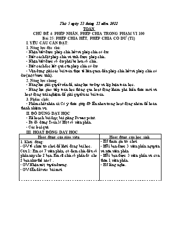 Kế hoạch bài dạy môn Toán Lớp 3 (Kết nối tri thức) - Chủ đề 4: Phép nhân, phép chia trong phạm vi 100 - Bài 25: Phép chia hết, phép chia có dư - Năm học 2023-2024 - Cao Thị Kim Nga