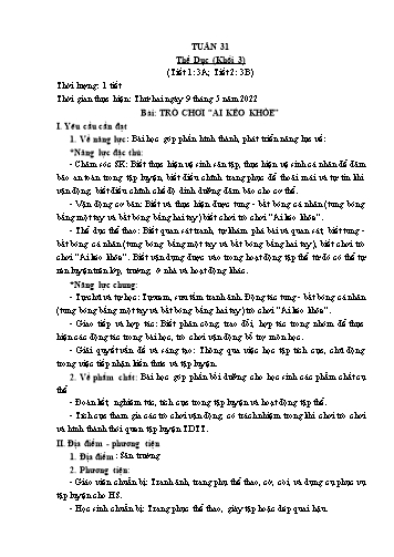 Kế hoạch bài dạy Thể dục & Mĩ Thuật Khối Tiểu học - Tuần 31 - Đặng Hoài Thương