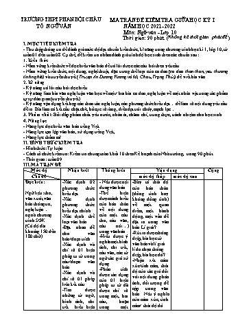 Ma trận đề kiểm tra giữa học kỳ I môn Ngữ văn Lớp 10 - Năm học 2021-2022 - Trường THPT Phan Bội Châu