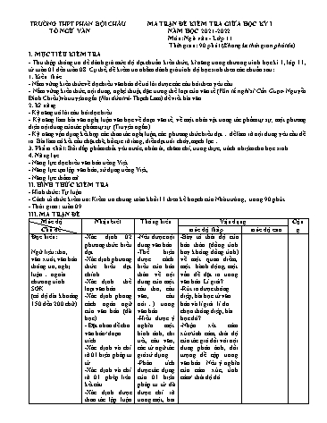 Ma trận đề kiểm tra giữa học kỳ I môn Ngữ văn Lớp 11 - Năm học 2021-2022 - Trường THPT Phan Bội Châu