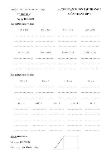 Tài liệu ôn tập tháng 2 môn Toán Lớp 3 - Năm học 2019-2020 - Trường TH, THCS&THPT Sao Việt